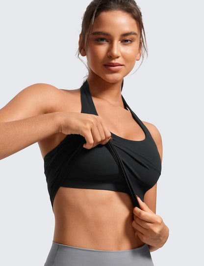CRZ YOGA Butterluxe Halter Crop Tank Tops for Women - Open Back Padded Longline Sports Bras Workout Gym