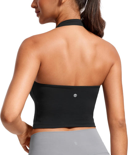 CRZ YOGA Butterluxe Halter Crop Tank Tops for Women - Open Back Padded Longline Sports Bras Workout Gym